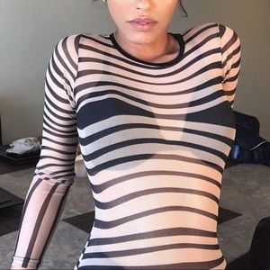 New! Line Pattern Sheer Mesh Bodysuit Small